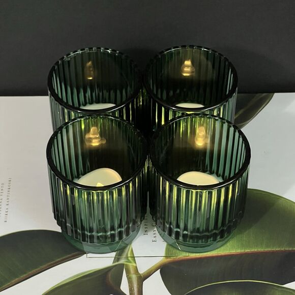Ribbed Glass Votive Candle Holder Set of 4 Emerald Green Round Holiday Decor - Picture 17 of 17